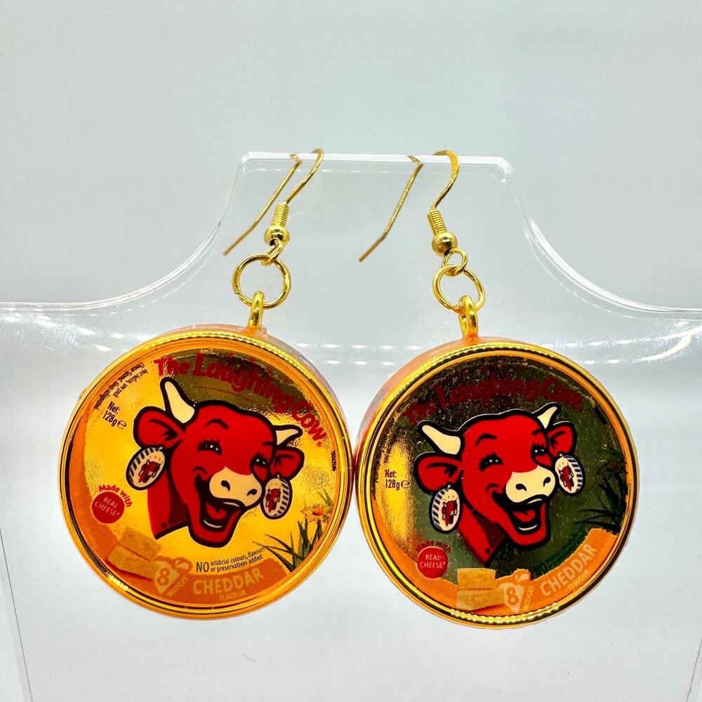 Gold Laughing Cow Earrings - Metallic Cheese Dangles - Playful Foodcore Style
